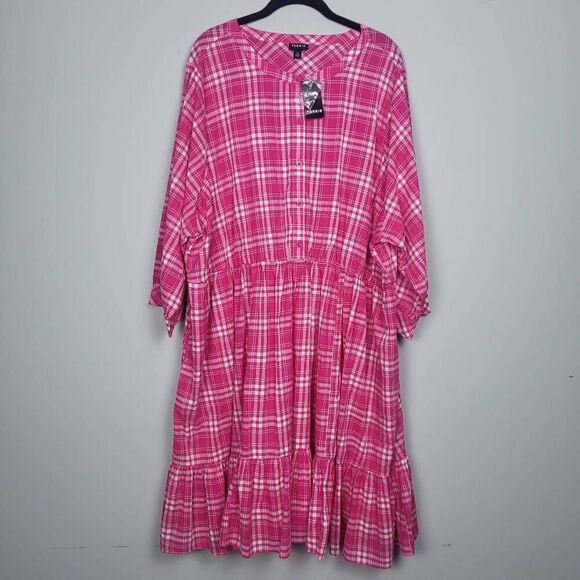 Torrid Womens Plaid Knee Length Dress 4X Pink Tiered Cottagecore 3/4 Sleeve NWT - Picture 2 of 11